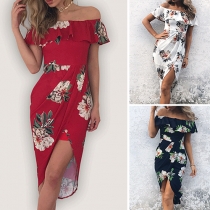 Sexy Off-shoulder Ruffle Irregular Hem Printed Party Dress