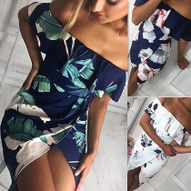 Sexy Off-shoulder Boat Neck Irregular Hem Printed Dress