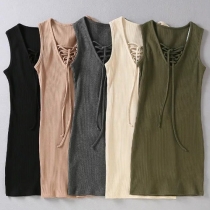 Fashion Solid Color Sleeveless Lace-up Deep V-neck Bodycon Dress