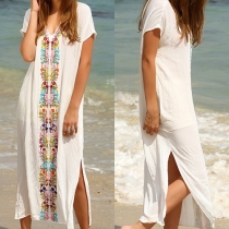 Fashion Short Sleeve V-neck Slit Hem Embroidered Dress