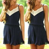 Fashion Lace Spliced V-neck Ruffle Hem Cami Romper