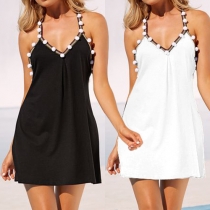 Sexy Backless V-neck Hairball Spliced Sling Beach Dress