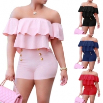 Sexy Off-shoulder Ruffle High Waist Solid Color Romper