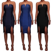 Sexy Strapless Slit Hem Lace-up Bandage Dress