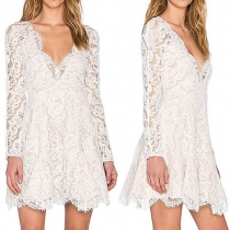 Sexy Deep V-neck Long Sleeve Lace Dress