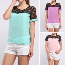 Fashion Lace Spliced Short Sleeve Round Neck T-shirt