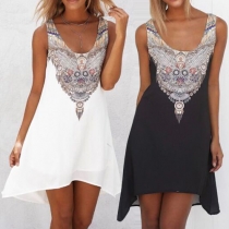 Fashion Sleeveless Round Neck Irregular Hem Printed Dress