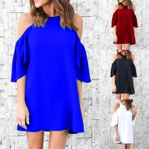 Sexy Off-shoulder Lotus Sleeve Round Neck Solid Color Dress