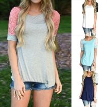Fashion Contrast Color Lace Spliced Short Sleeve Round Neck T-shirt