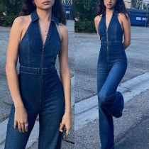 Sexig djup V-ringad kortärmad hög midja Slim Fit Jeans Overall
