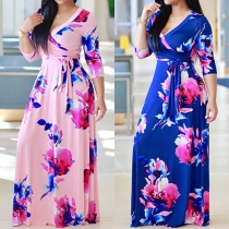 Sexy Deep V-neck Long Sleeve Printed Maxi Dress