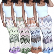 Fashion Sleeveless Round Neck Colorful Wavy Striped Maxi Dress