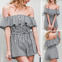 Sexy Off-shoulder Ruffle High Waist Plaid Romper