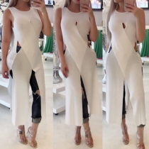 Chic Style Sleeveless Round Neck Slit Hem Solid Color Knit Dress