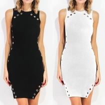 Elegant Solid Color Sleeveless Round Neck Slit Hem Keyhole Bodycon Dress