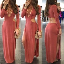 Sexy Deep V-neck Slit Hem Hollow Out High Waist Long Sleeve Party Dress