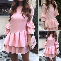 Elegant Solid Color Lotus Sleeve Ruffle Hem Dress