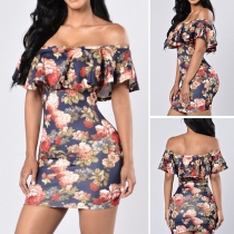 Sexy Off-shoulder Boat Neck Slim Fit Printed Party Dress