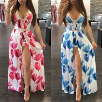 Sexy Backless Deep V-neck Slit Hem Sleeveless Printed Romper