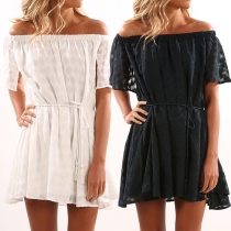 Sexy Off-shoulder Boat Neck Short Sleeve Solid Color Dress