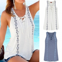 Fashion Sleeveless Lace-up V-neck Printed Top