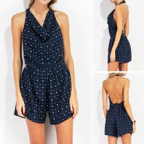 Sexy Backless Cowl Neck Stars Printed Halter Romper