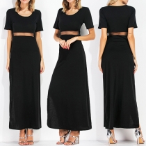 Sexy See-through Gauze Spliced Slit Hem Short Sleeve Round Neck Maxi Dress