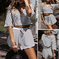 Fashion Half Sleeve V-neck Crop Top + High Waist Shorts Striped Two-piece Set