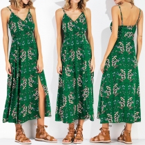 Sexy Backless V-neck Slit Hem Printed Sling Maxi Dress