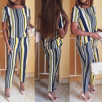 Fashion Short Sleeve Round Neck T-shirt + High Waist Pants Striped Two-piece Set