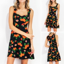 Fashion Sleeveless Square Collar Fruits Printed Dress