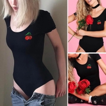 Fashion Short Sleeve Round Neck Cherry Embroidered Bodysuit