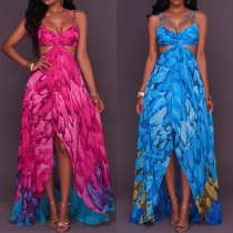 Sexy Backless Hollow Out High Waist Slit Hem Printed Sling Maxi Dress