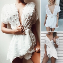 Sexy Deep V-neck Short Sleeve Chiffon Romper with Waistband