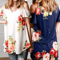 Sexy Off-shoulder Short Sleeve V-neck Printed T-shirt
