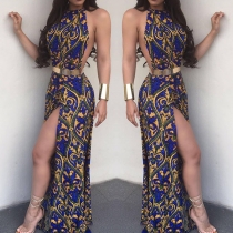 Sexy Backless Slit Hem Printed Halter Dress