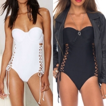 Sexy Strapless Hollow Out Lace-up Solid Color One-piece Swimsuit