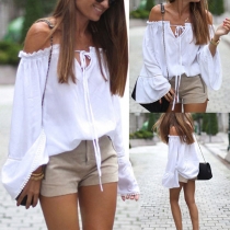 Sexy Off-shoulder Boat Neck Trumpet Sleeve High-low Hem Solid Color Top