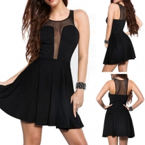 Sexy See-through Gauze Spliced Sleeveless Round Neck Dress