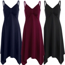Sexy Backless V-neck Irregular Hem Solid Color Sling Dress