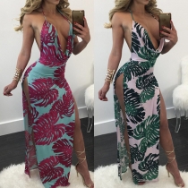 Sexy Backless Deep V-neck Slit Hem Printed Halter Dress