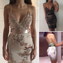 Sexy Backless Deep V-neck Sequin Spliced Slim Fit Sling Dress