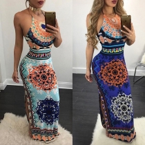 Sexy Backless Slit Hem Printed Maxi Dress