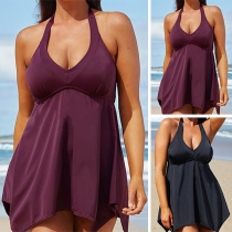 Sexy Backless V-neck Irregular Hem Solid Color Swimsuit