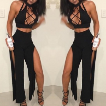 Sexy Hollow Out Deep V-neck Crop Top + High Waist Slit Hem Pants Two-piece Set