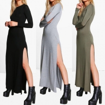 Retro Style Long Sleeve Round Neck Slit Hem Solid Color Maxi Dress