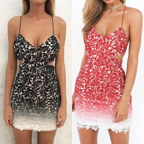 Sexy Backless V-neck Color Gradient Slim Fit Sling Lace Dress