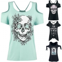 Fashion Skull Head Printed Off-shoulder Short Sleeve Round Neck T-shirt