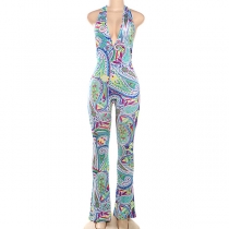Sexig Rygglös Djup V-ringad Hög Midja Slim Fit Mönstrad Halterneck Jumpsuit