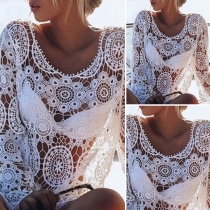 Sexy Long Sleeve Round Neck Hollow Out Lace Smock Dress